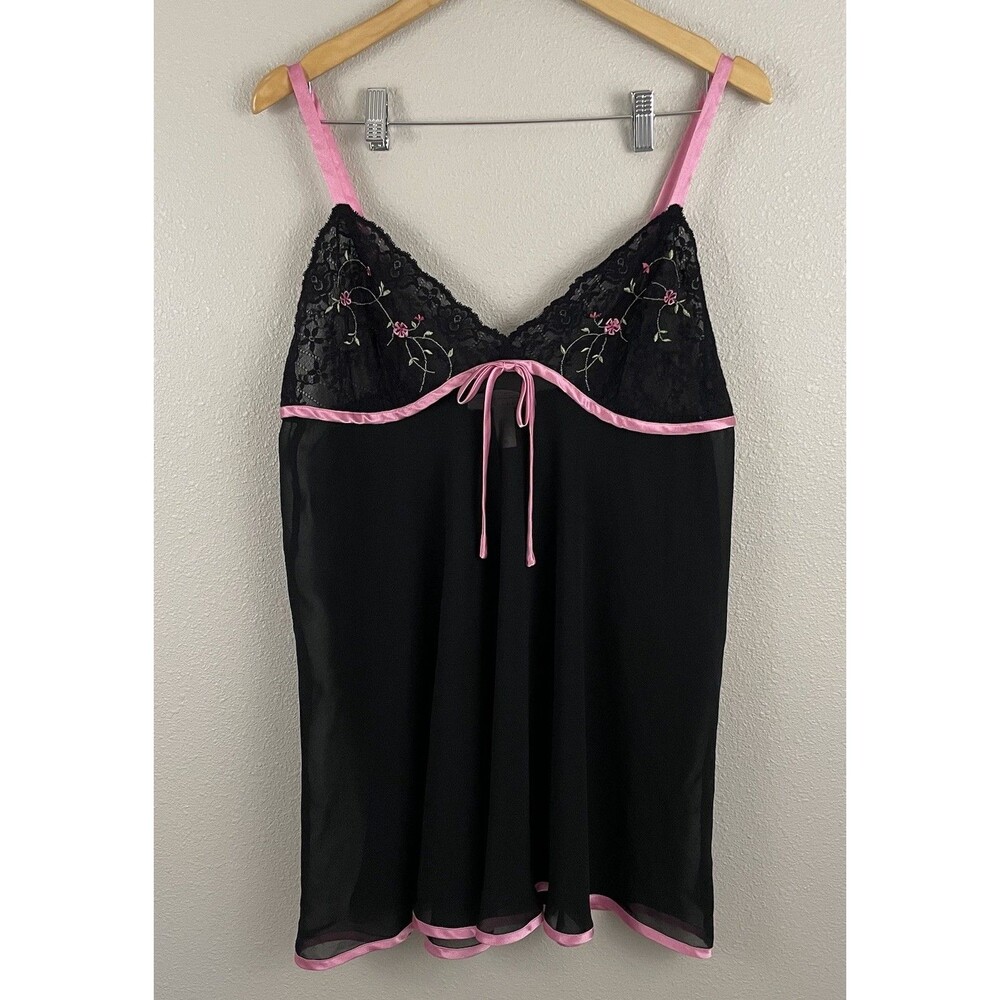 Oscar De La Renta Pink Label XL Black Sheer Chemise Top Embroidered Cami Fairy